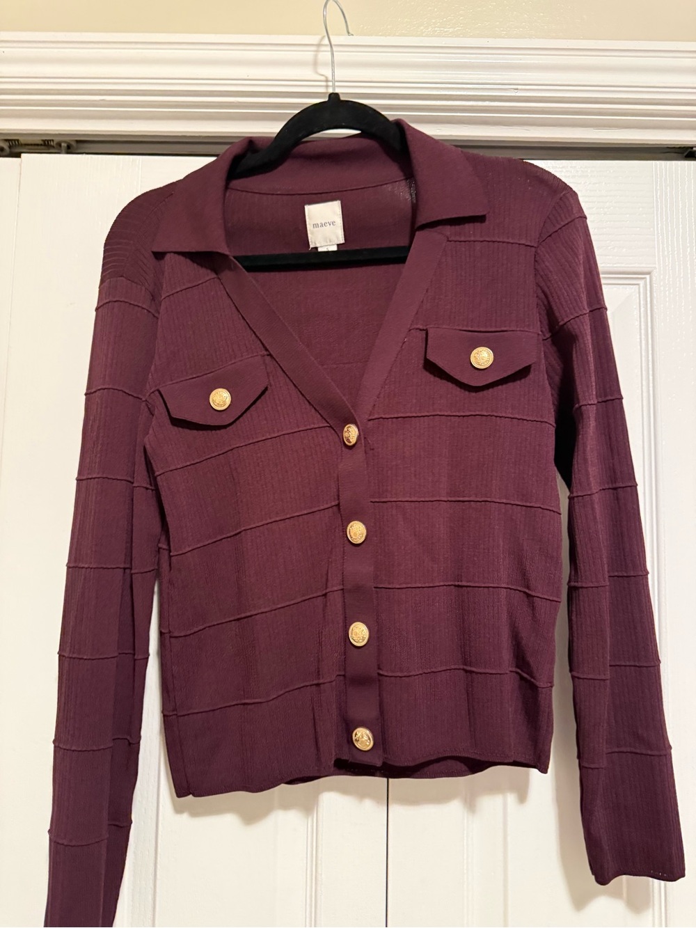 Maeve Plum Ribbed V-Neck Cardigan with Gold Buttons